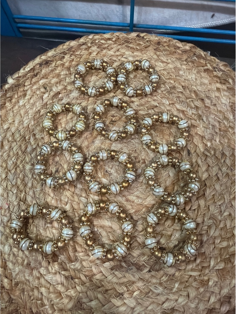 Set of 11 Stretchy Gold and Pearl Bead Napkin Rings